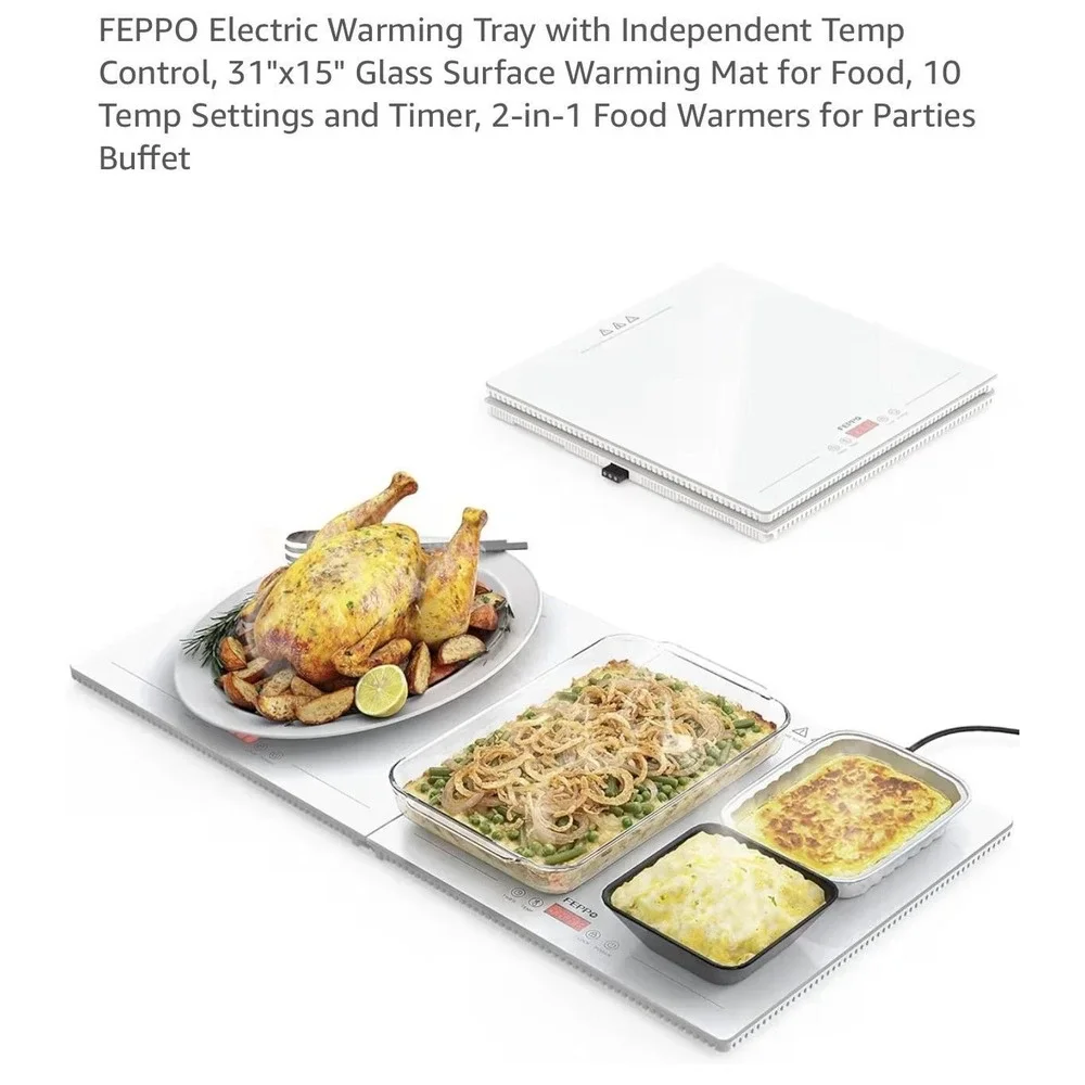 FEPPO Food Warming Tray 2 Panel Large White Glass Adjustable 86-248°F Open Box